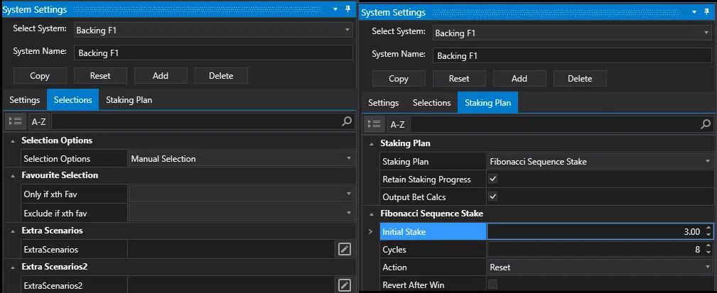 A split-screen image comparing two software interface windows titled "System Settings," both displaying menus like Skating Plan, Selection Options, and Extra Scenarios with different settings visible.